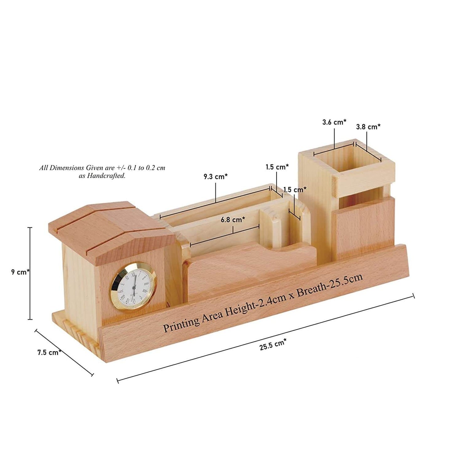 Wooden Pen Holder With Clock, Card, Mobile Holder.