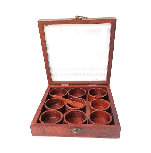 Wooden spices box 9 round box with spoon